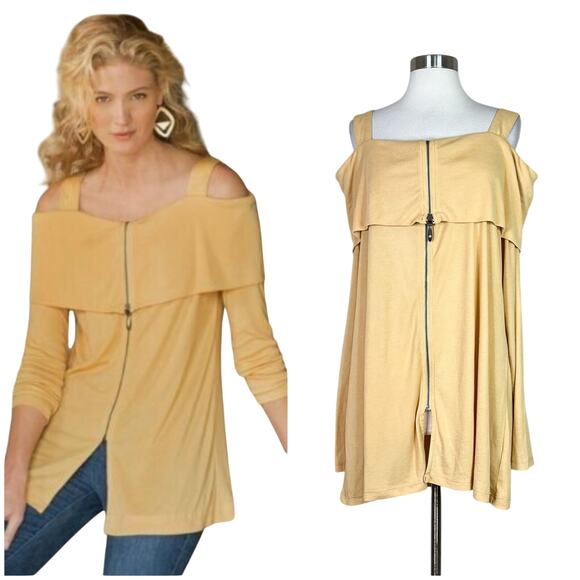 Soft Surroundings | Yellow Zip Front Cold Shoulder Soft Knit Long Sleeve Blouse - Picture 1 of 9